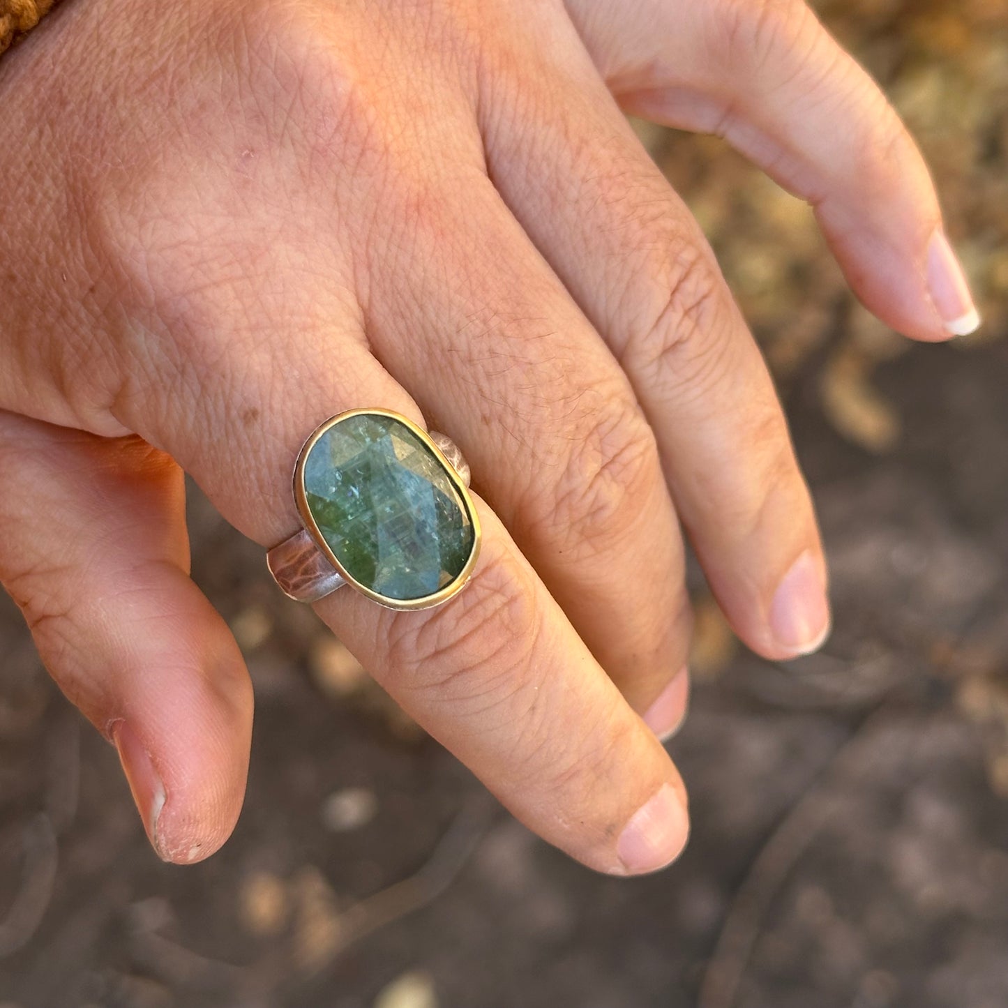 Green Kyanite ~ 22k Gold and Sterling Silver Ring - Size 7.5