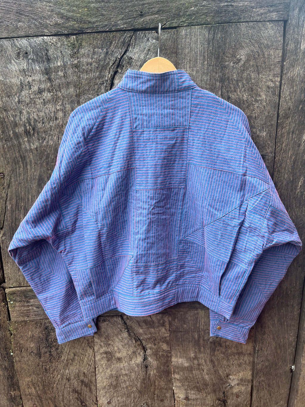 Bomber Patched Jacket - Light blue Denim cotton with Pink threads