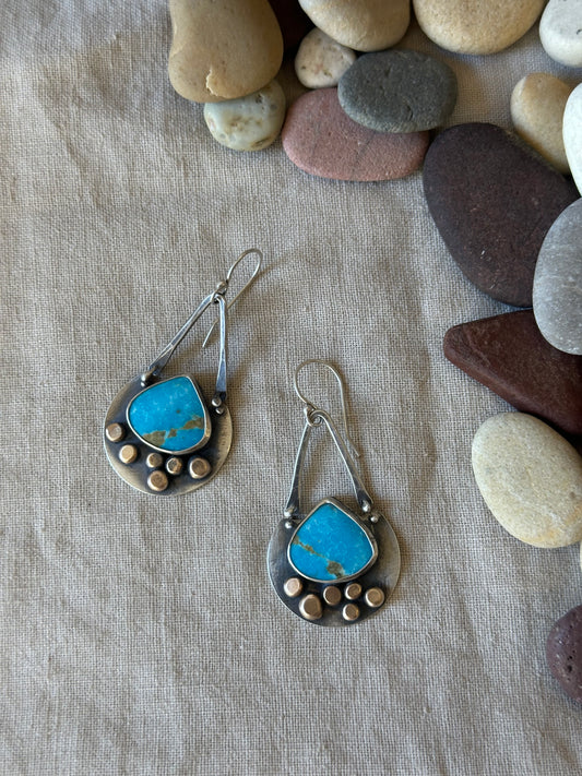 Blue Bird Turquoise ~ golden dots dangling earrings