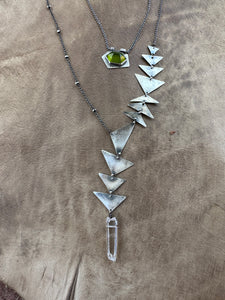 Lariat Necklace - Sterling Silver triangles with Clear Quartz
