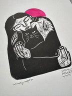 Mujer y Gato - Linocut 10 x 12