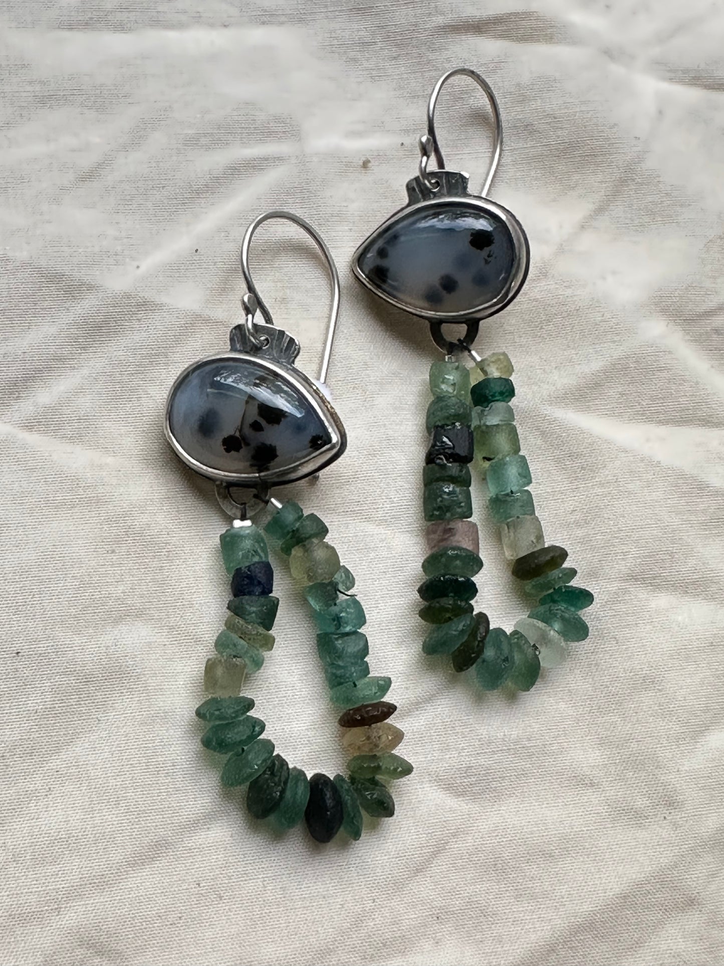 Montana Agate and Roman Glass Dangling Earrings ~ Sterling silver