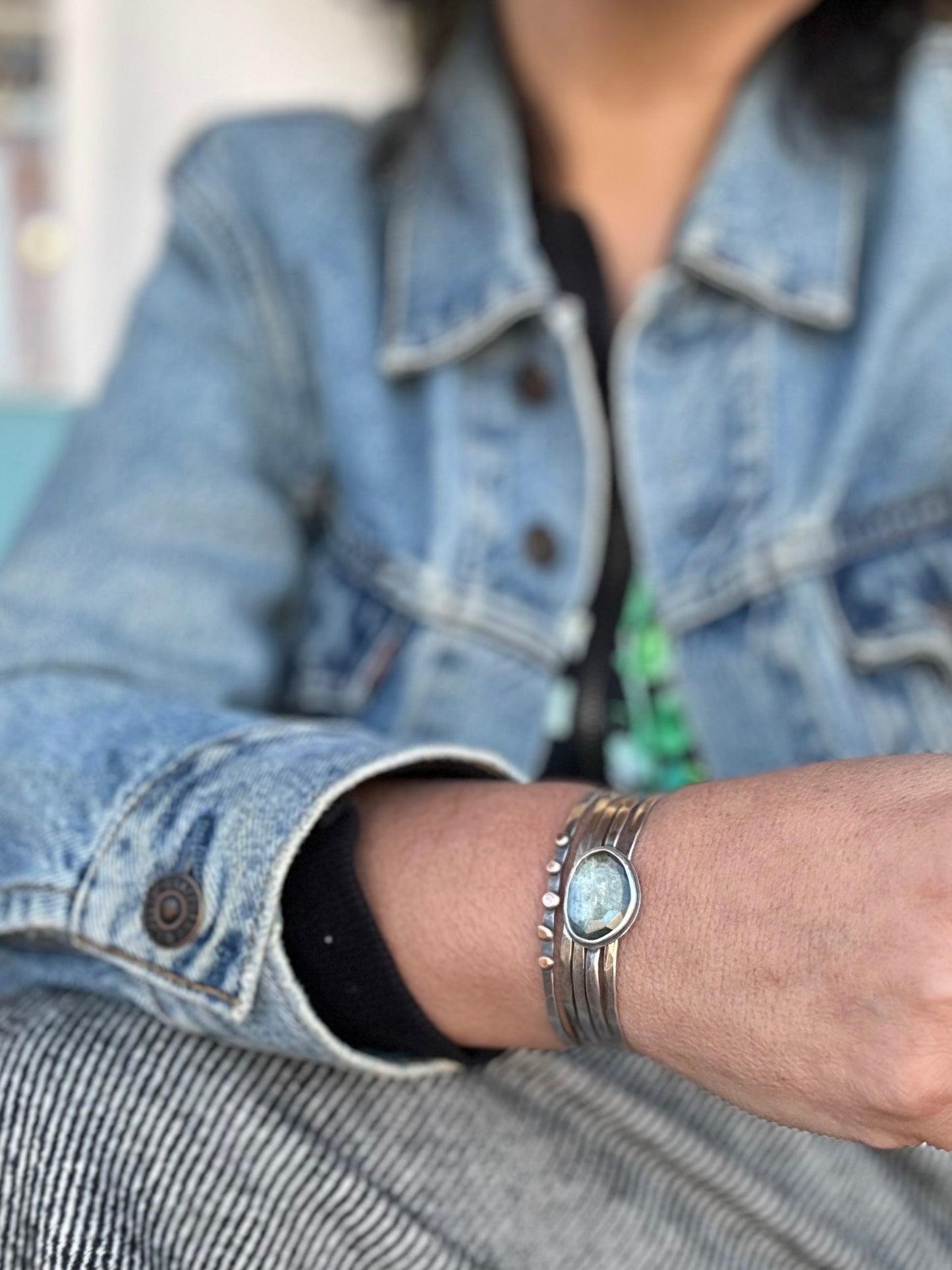 Stacked - Attached Bracelet - Moss Aquamarine ~ Cuff with Movement - ready to ship