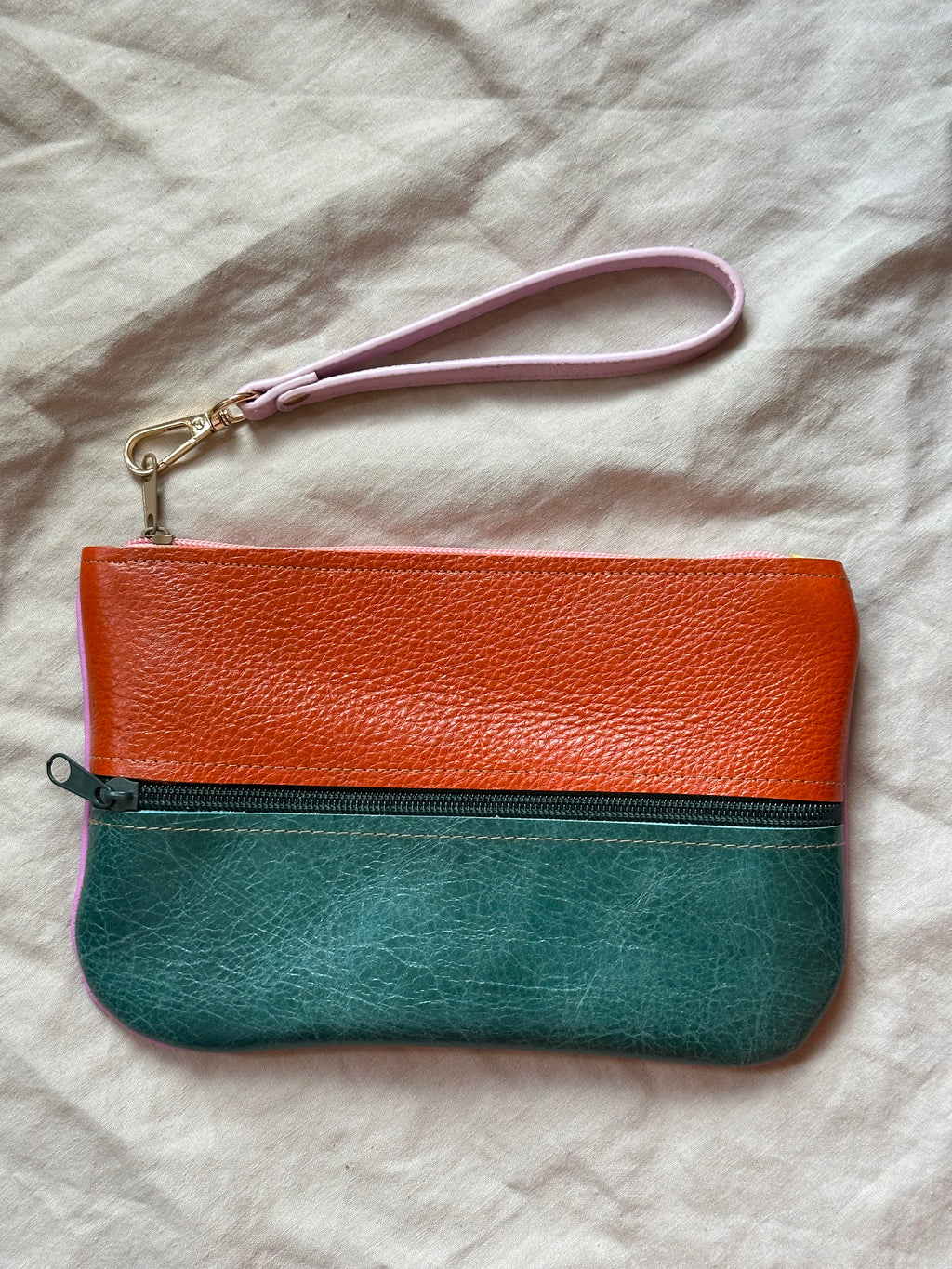 Leather wristlet double zip • color block • 8.5” x 5.5”