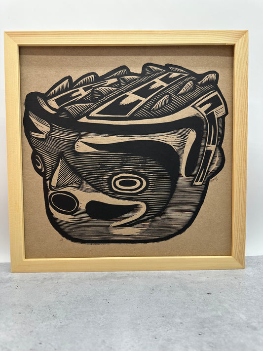 Primos Hermanos ~ mask 2 ~ linocut ~ 12 by 12 in