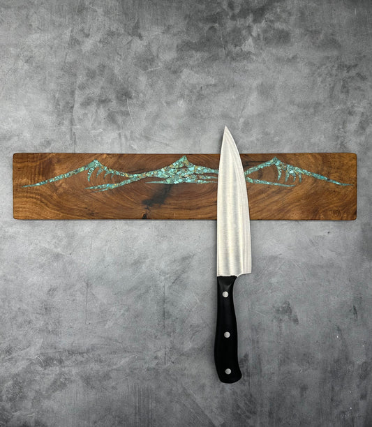 Knife block with Kingman turquoise inlaid ~ Mountains Design