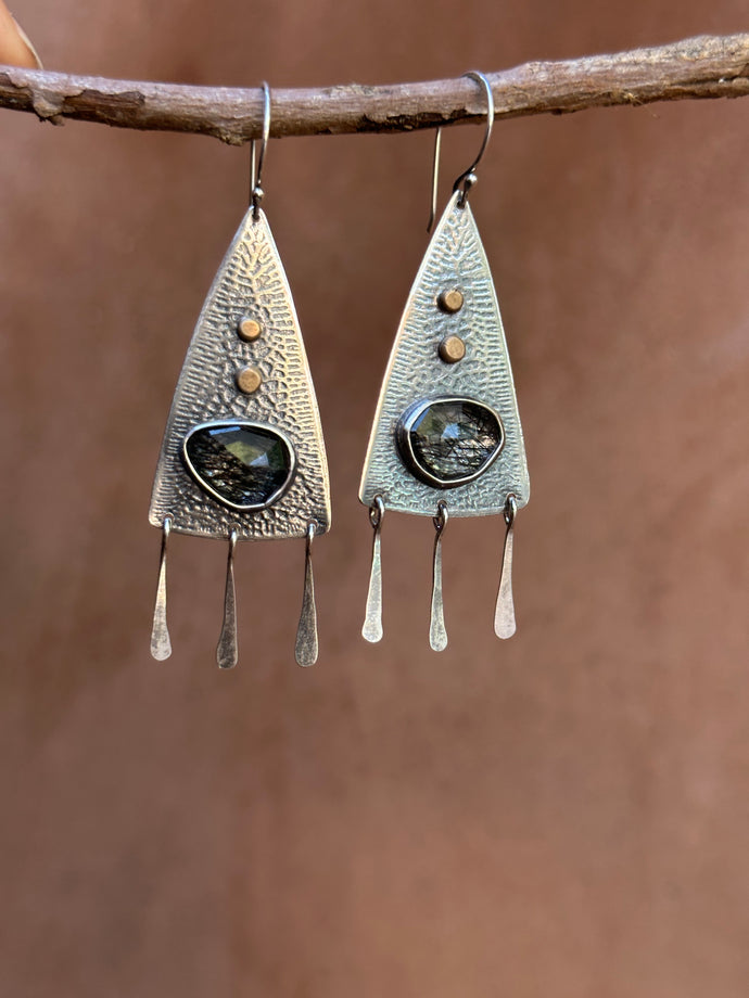 Rutilated Quartz ~ Rain dangle earrings - Sterling Silver and bronze dots