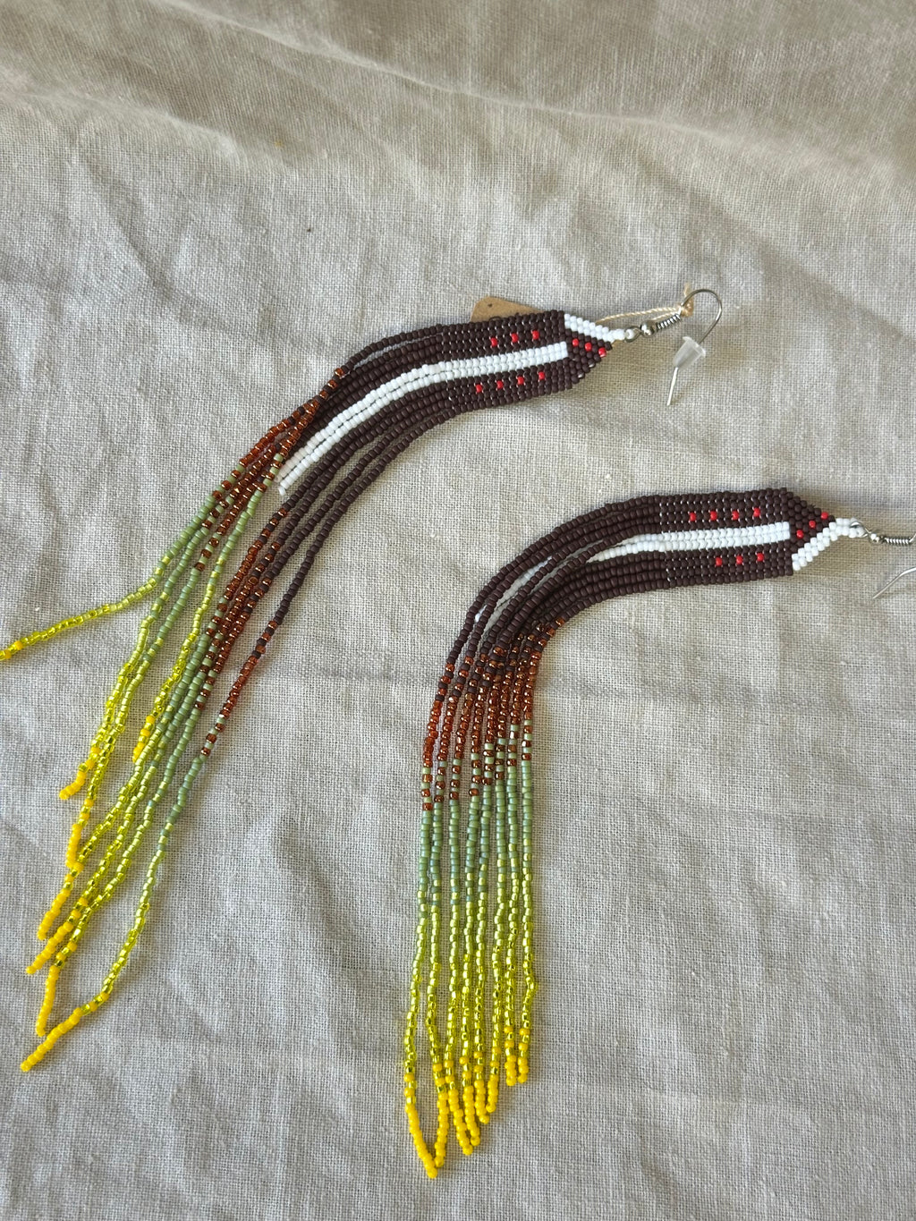 Beaded Fringe Earrings - Snow with Autum trees and leaves changing colors