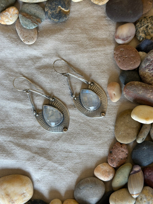 Rainbow Moonstone Statement Earrings - sterling silver and bronze dot