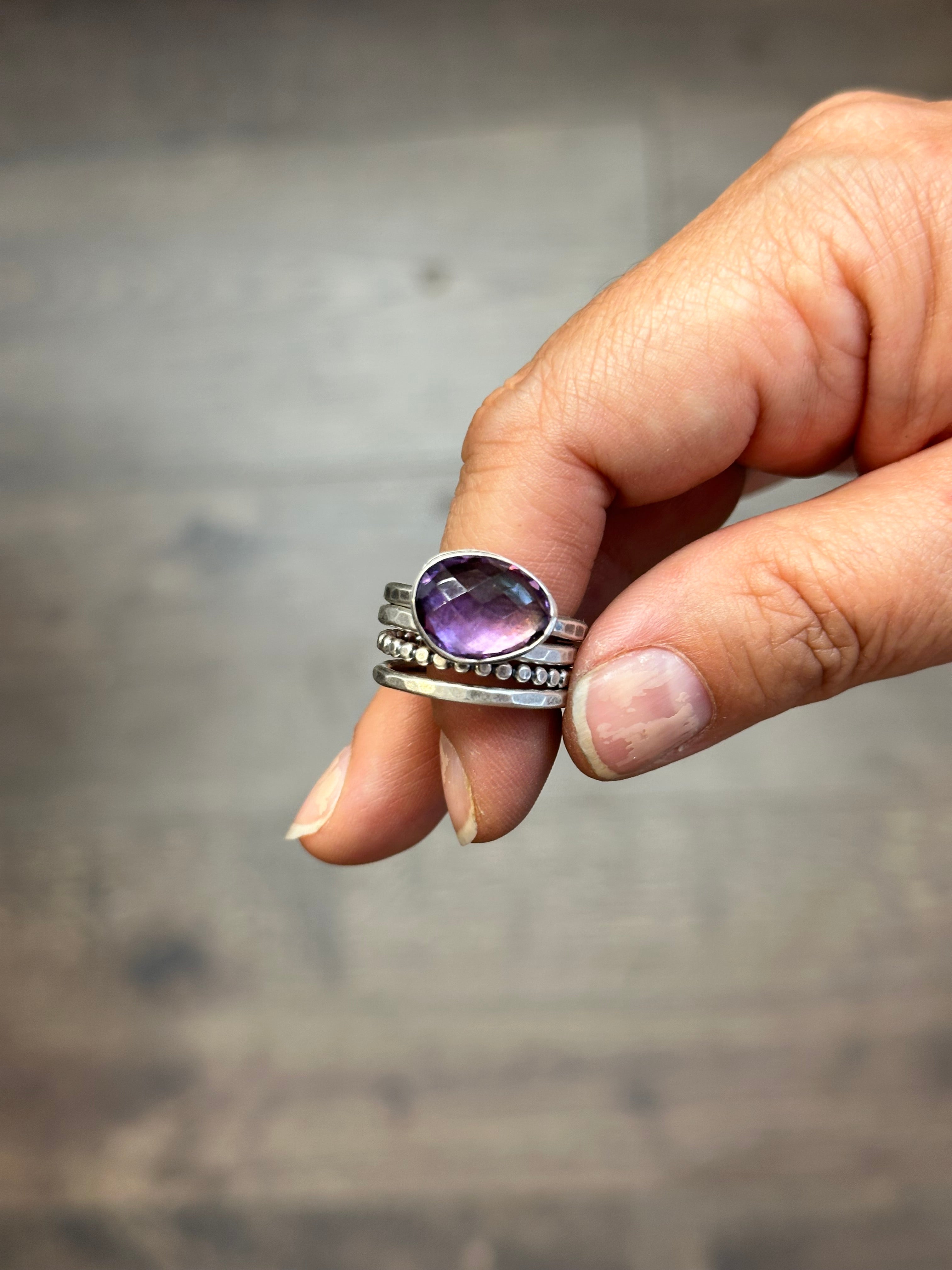 4-piece Amethyst and Sterling Silver • stackable ring set • set fits size 6.5