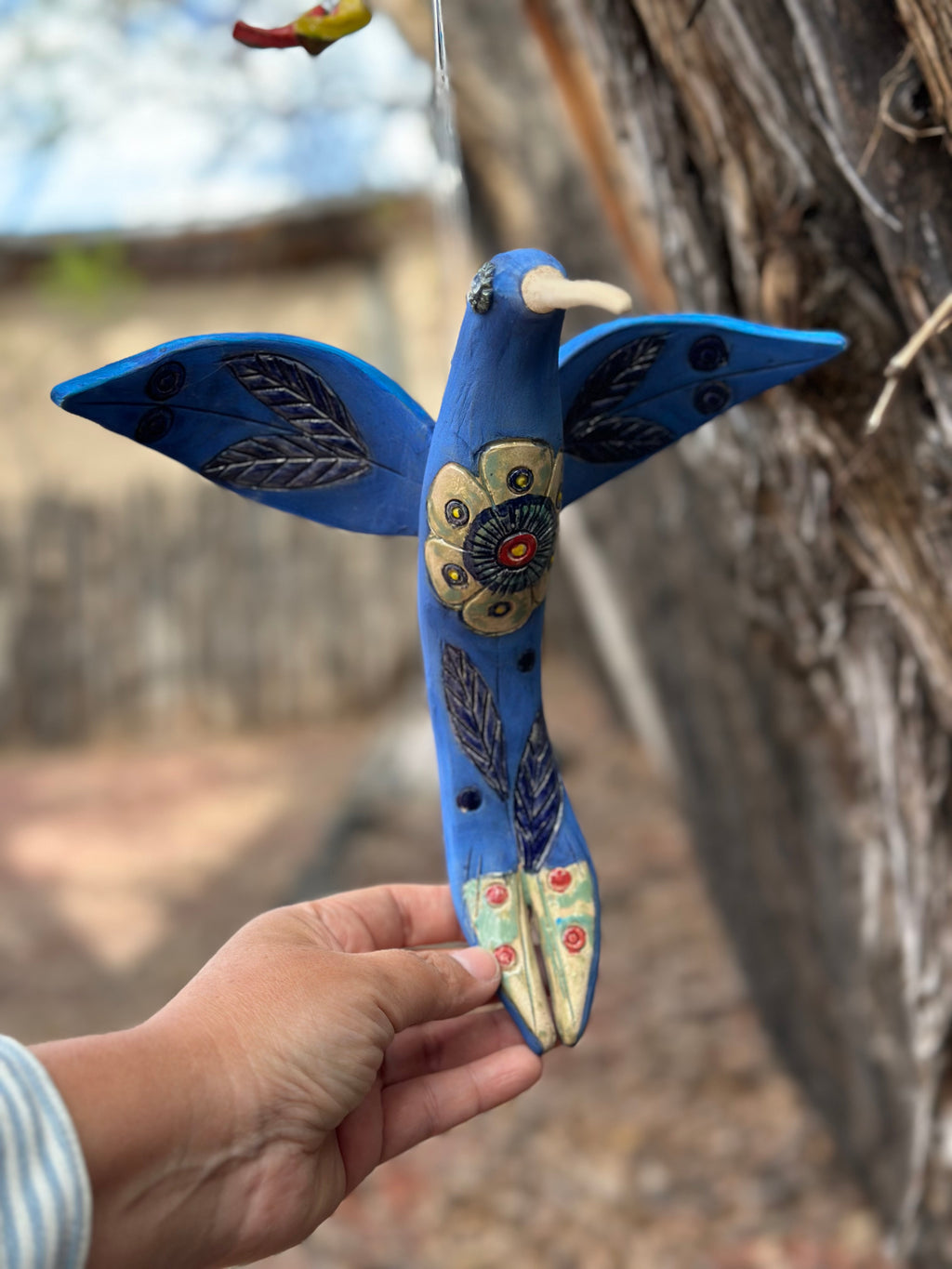 Medium Hanging Hummingbird with Flower Design - Clay Sculpture