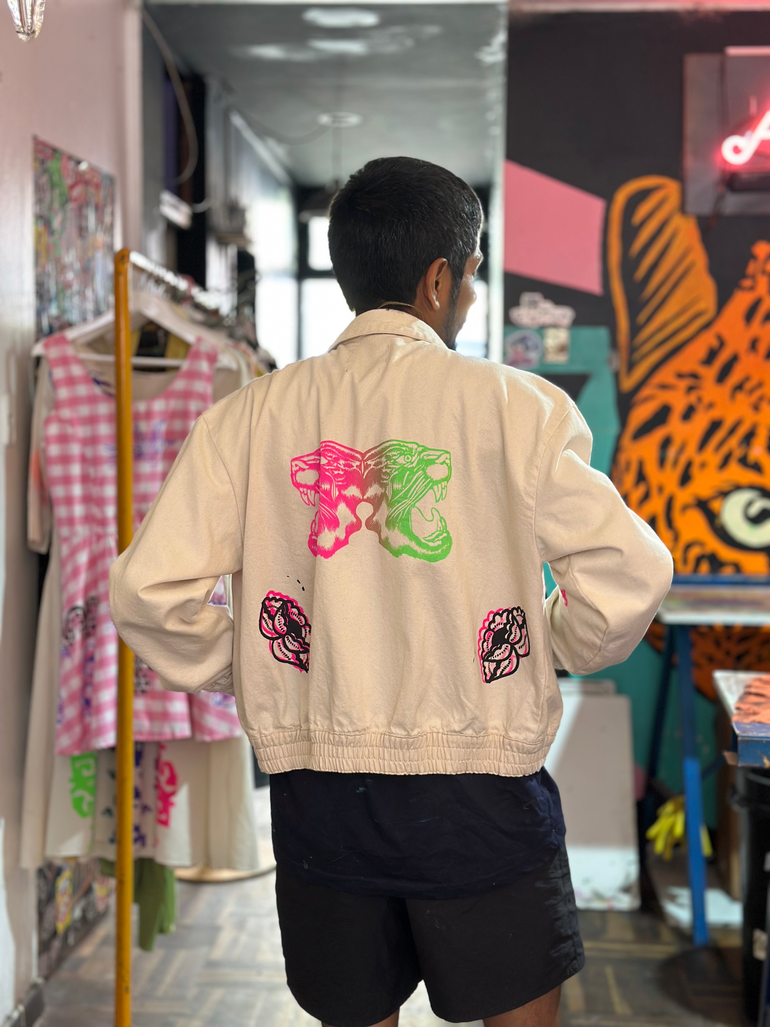 French Bomber Jacket - Cotton Canvas - Medium - Screenprinted by Amapolay