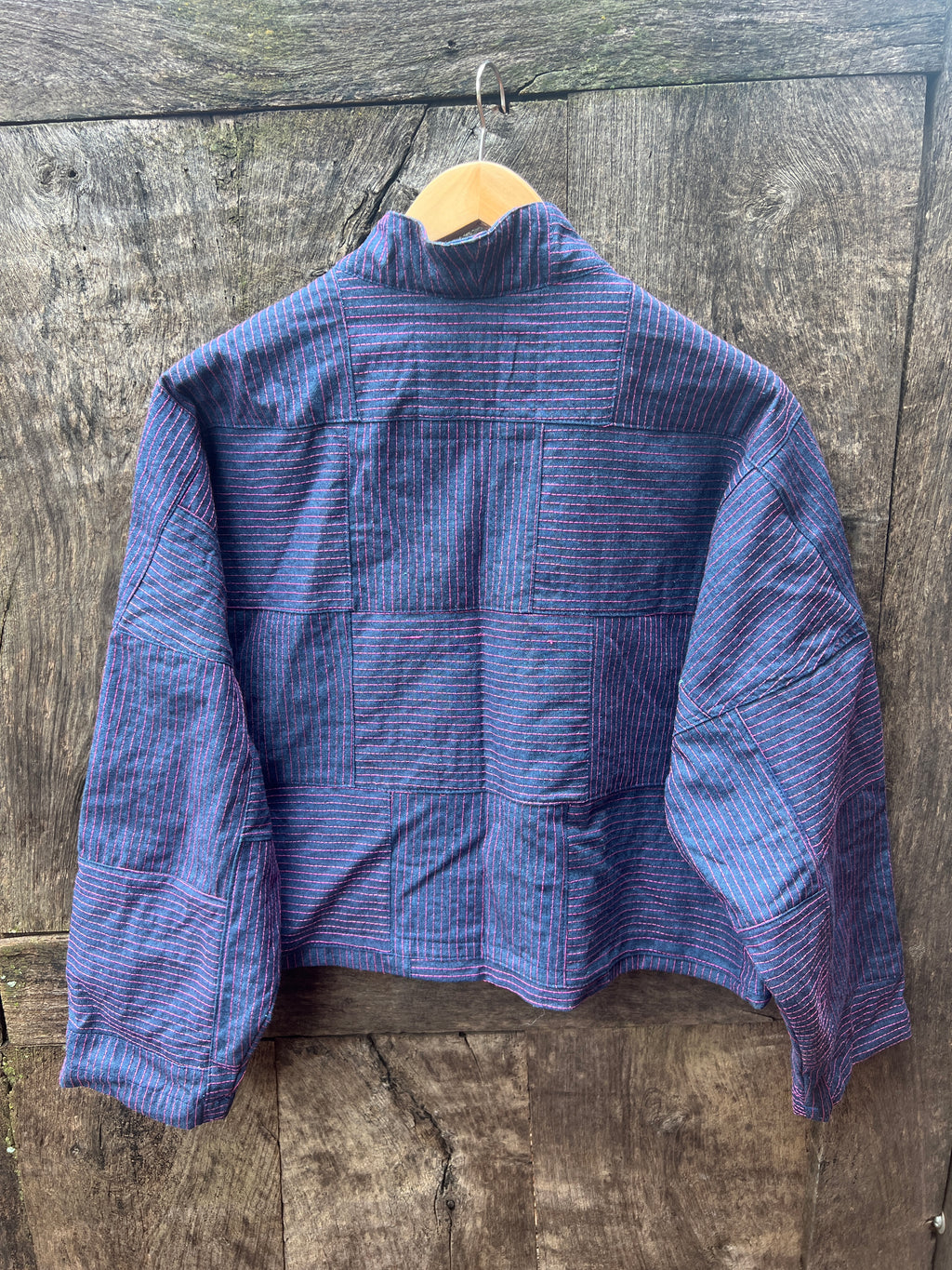 Kimono jacket - Denim cotton and pink thread