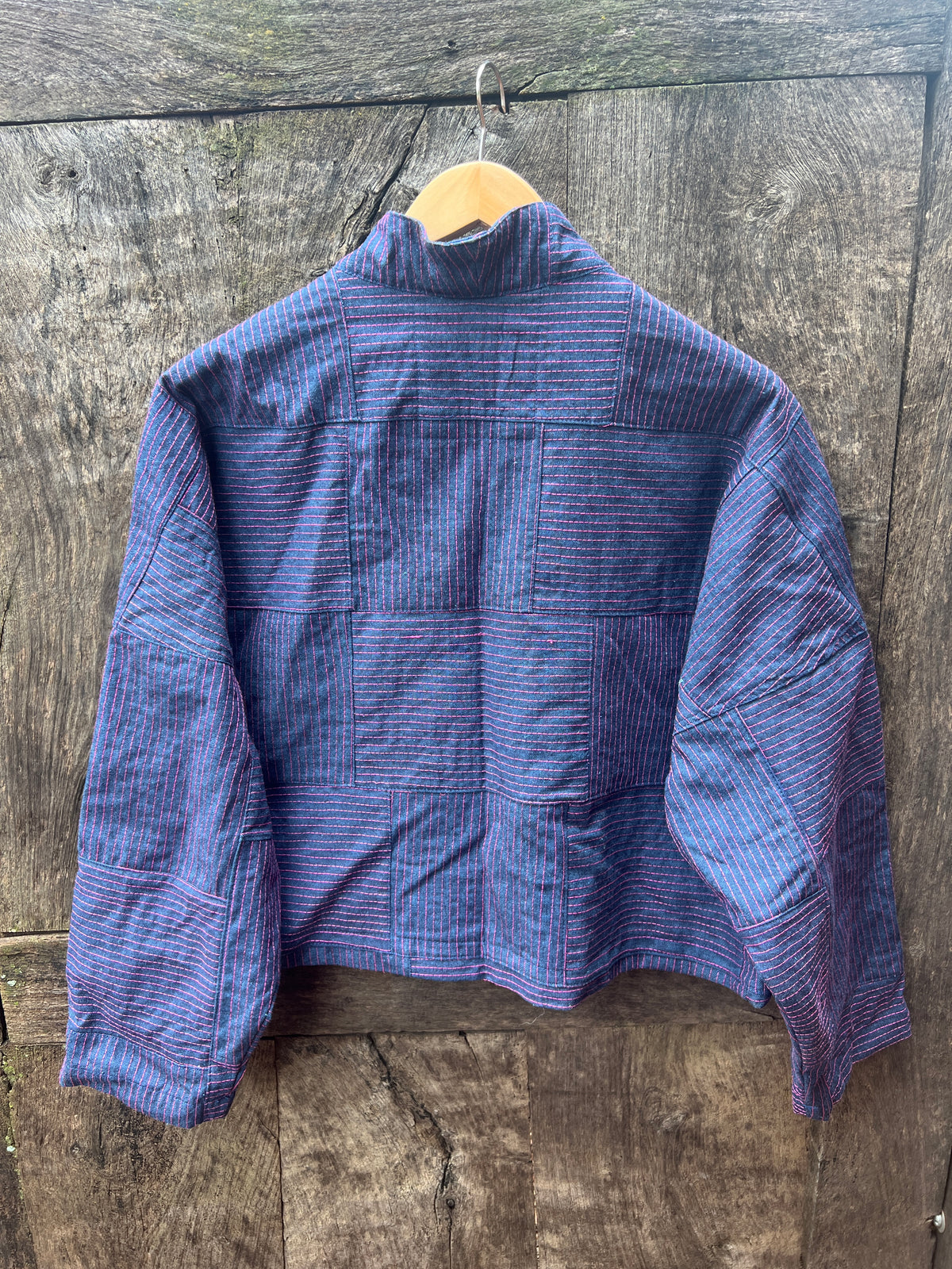 Kimono jacket - Denim cotton and pink thread
