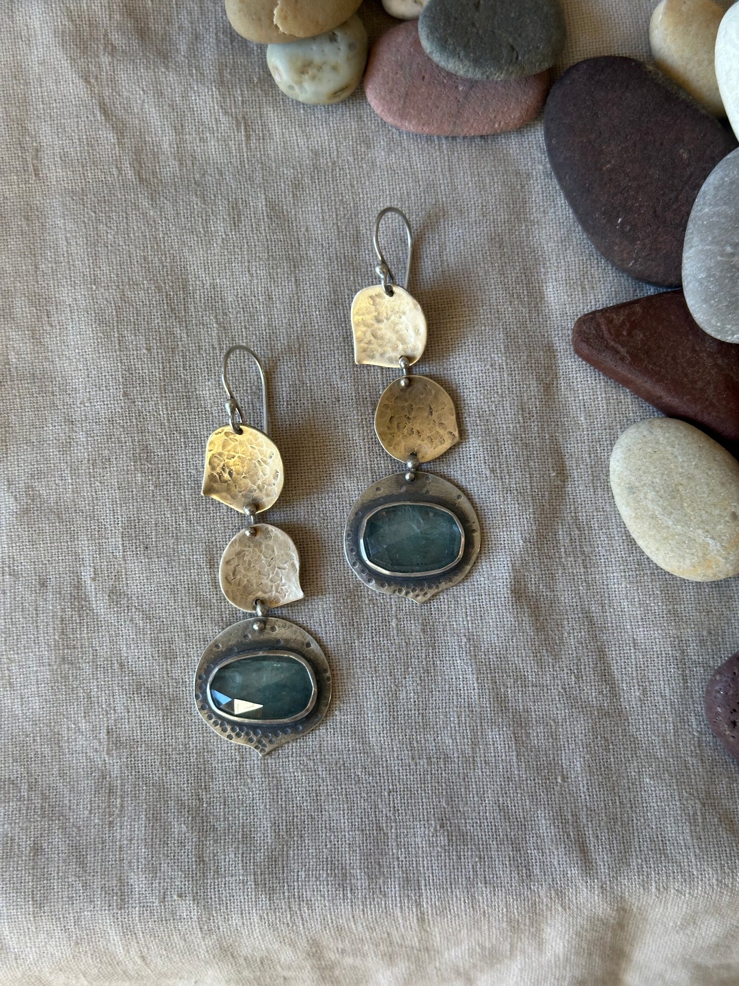 Aqua Kyanite leaves Dangle Earrings - Sterling Silver and brass