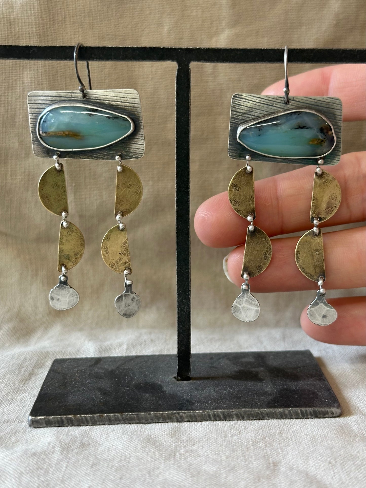 Peruvian Opal Dangle Earrings - Sterling Silver and Bronze