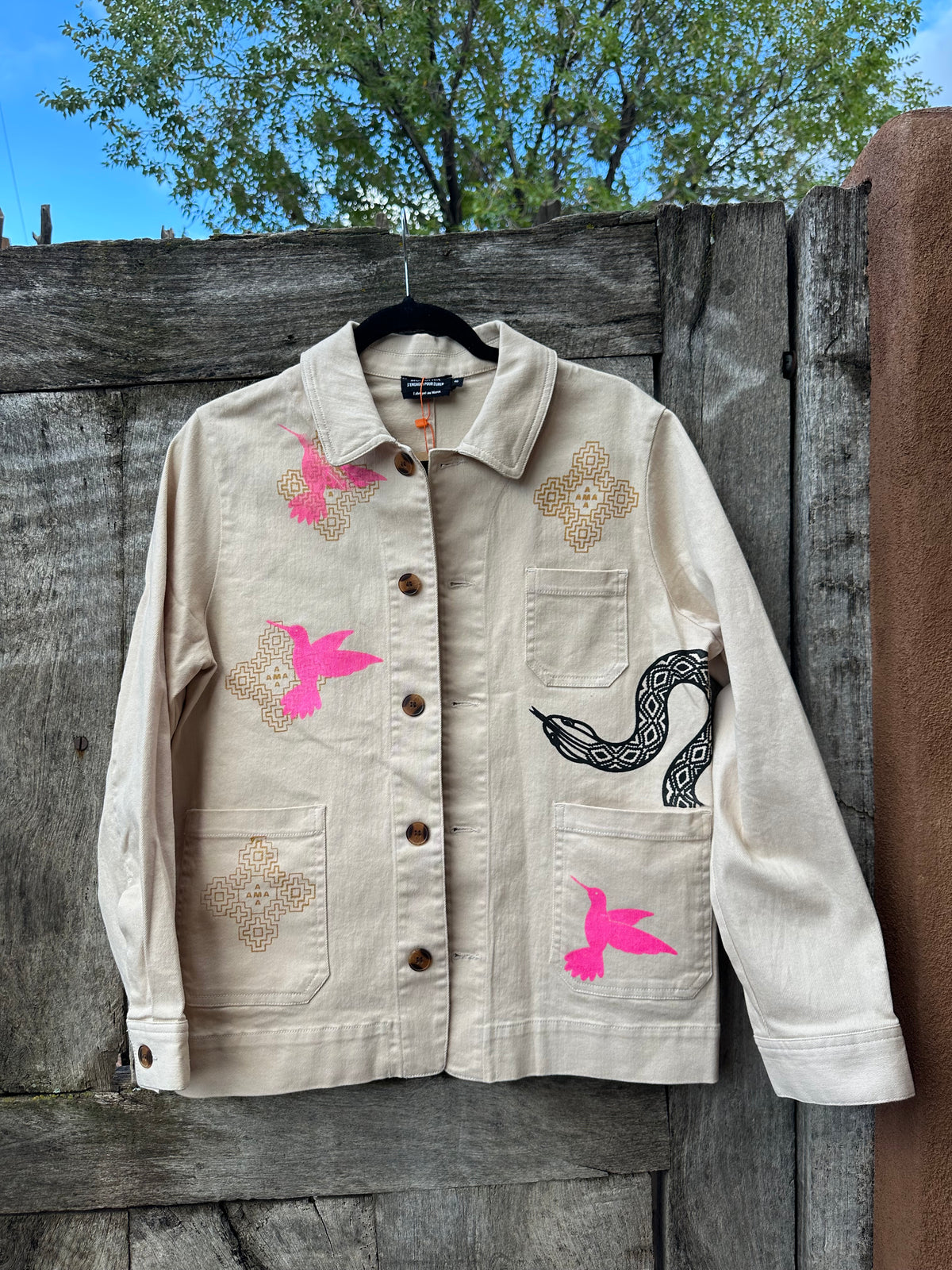 Screenprinted utility jacket with buttons