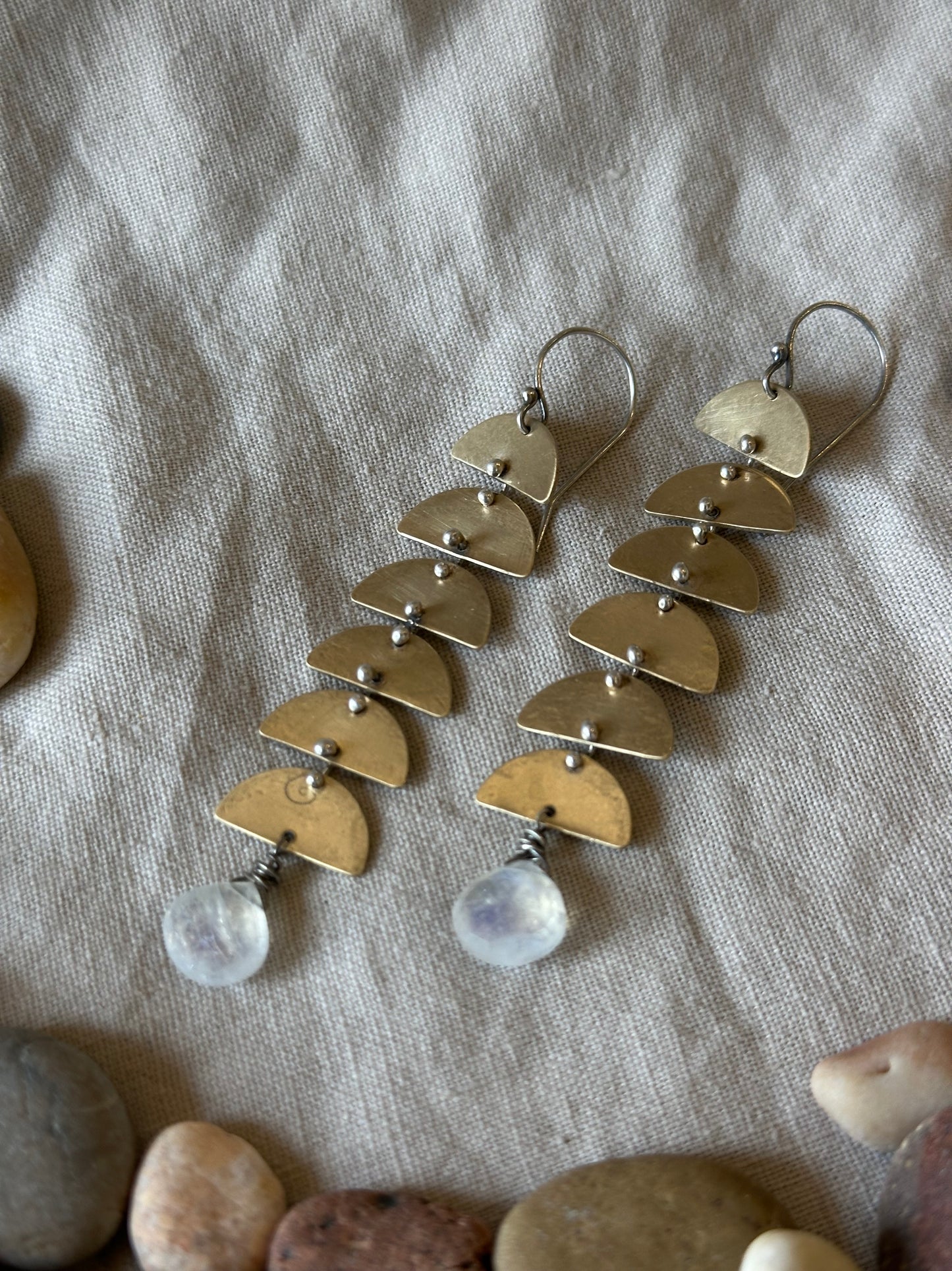 Rainbow Moonstone Connected Lunar earrings - Brass & Sterling Silver