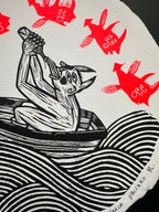 Desfilan Las Penas Guardadas- Linocut Round Print