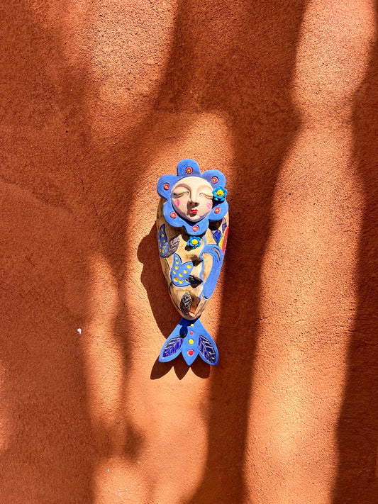 Blue & sand Wawa with fish tail ~ Small ~ art wall sculpture