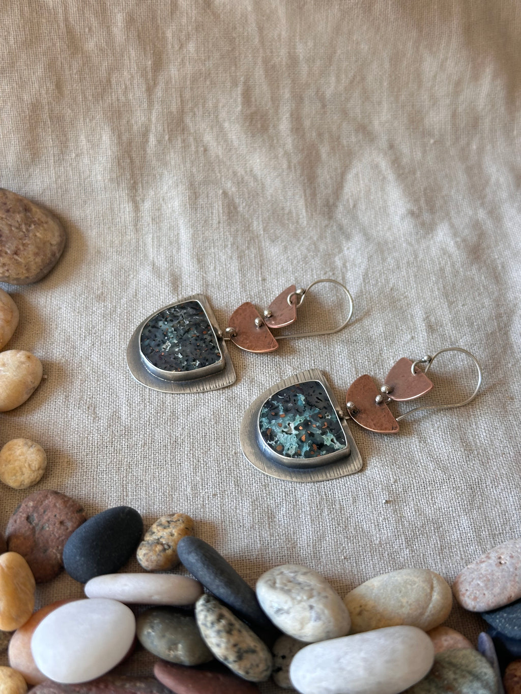 Confetti Copper Chrysocolla Earrings - Sterling Silver and Copper