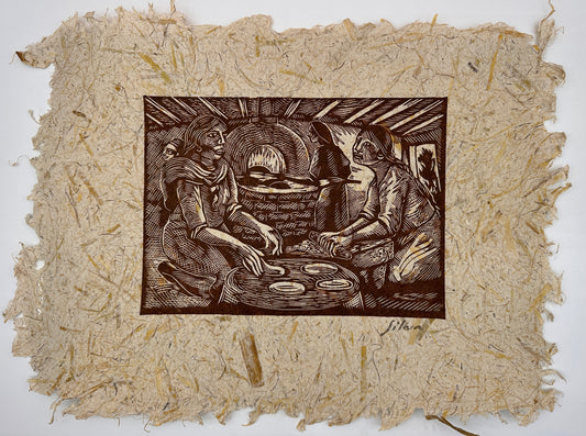 Lino Print ~ corn husk artisanal paper - 13” x 18”
