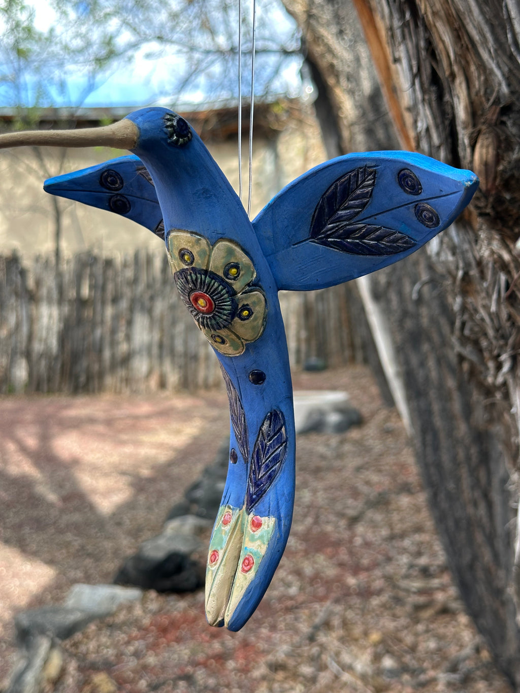 Medium Hanging Hummingbird with Flower Design - Clay Sculpture