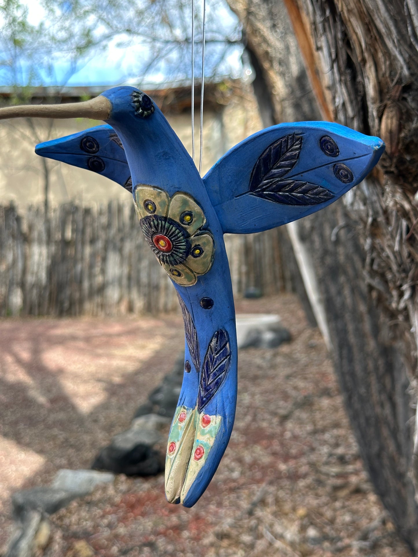 Medium Hanging Hummingbird with Flower Design - Clay Sculpture