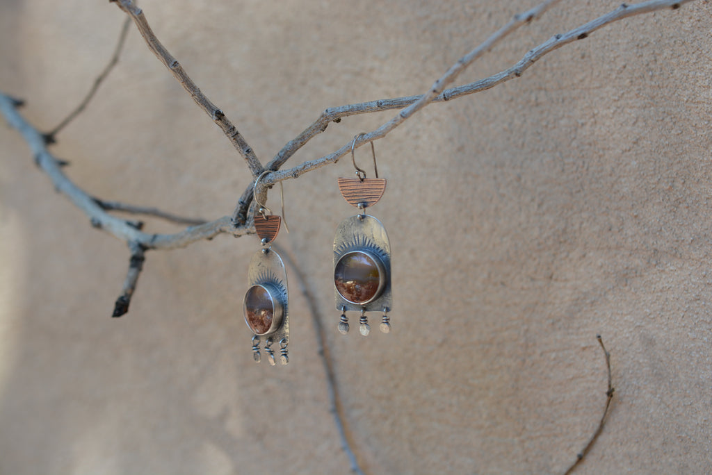 Mexican Flame Agate Earrings - sterling silver and Copper