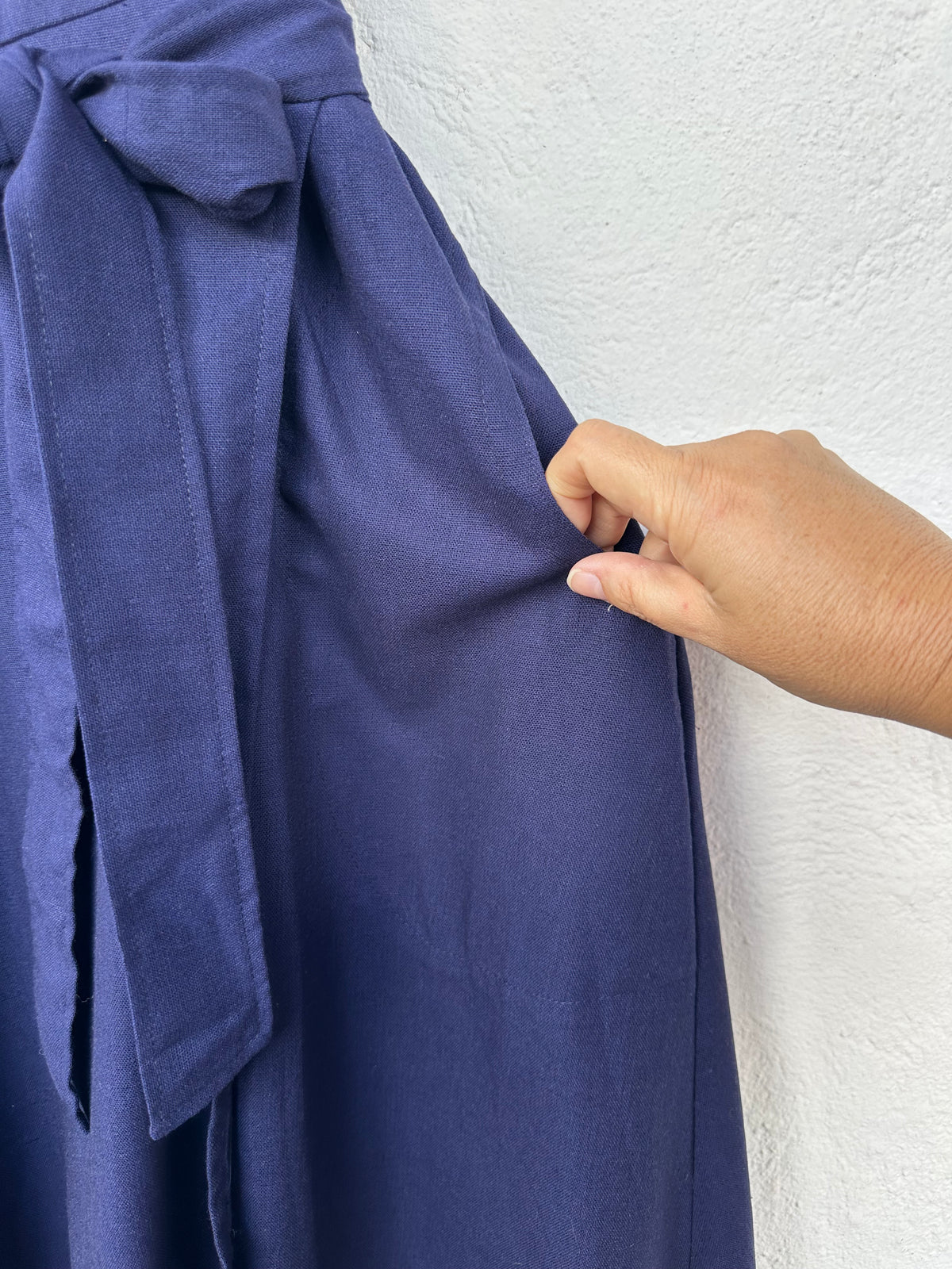 Blue Linen Wrap Dress - Cap Sleeve