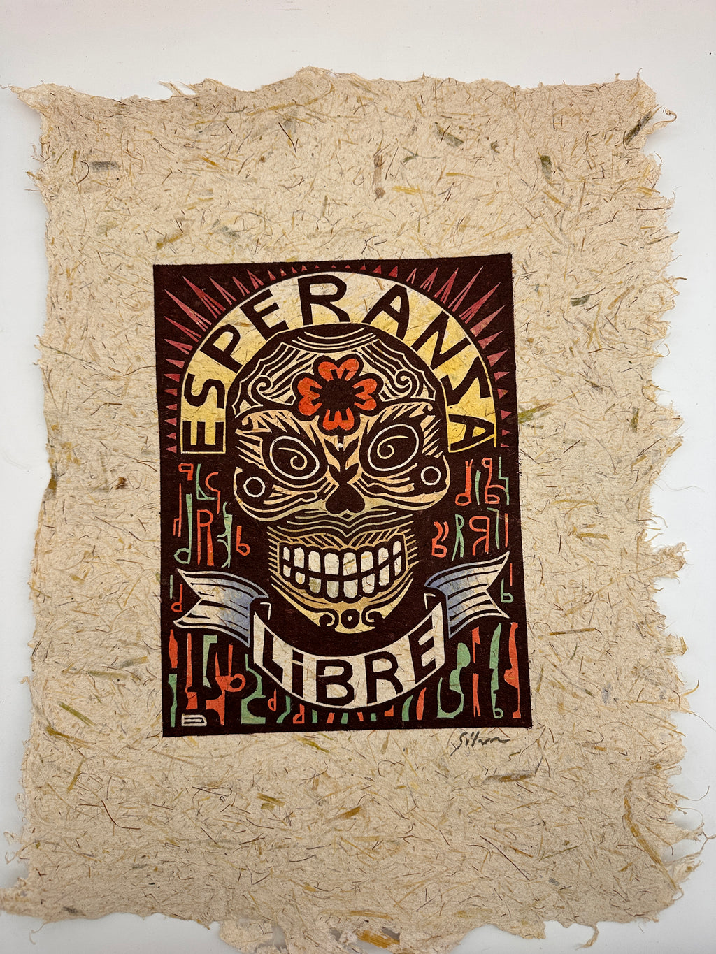 Lino Print ~ corn husk artisanal paper ~ Esperanza Libre