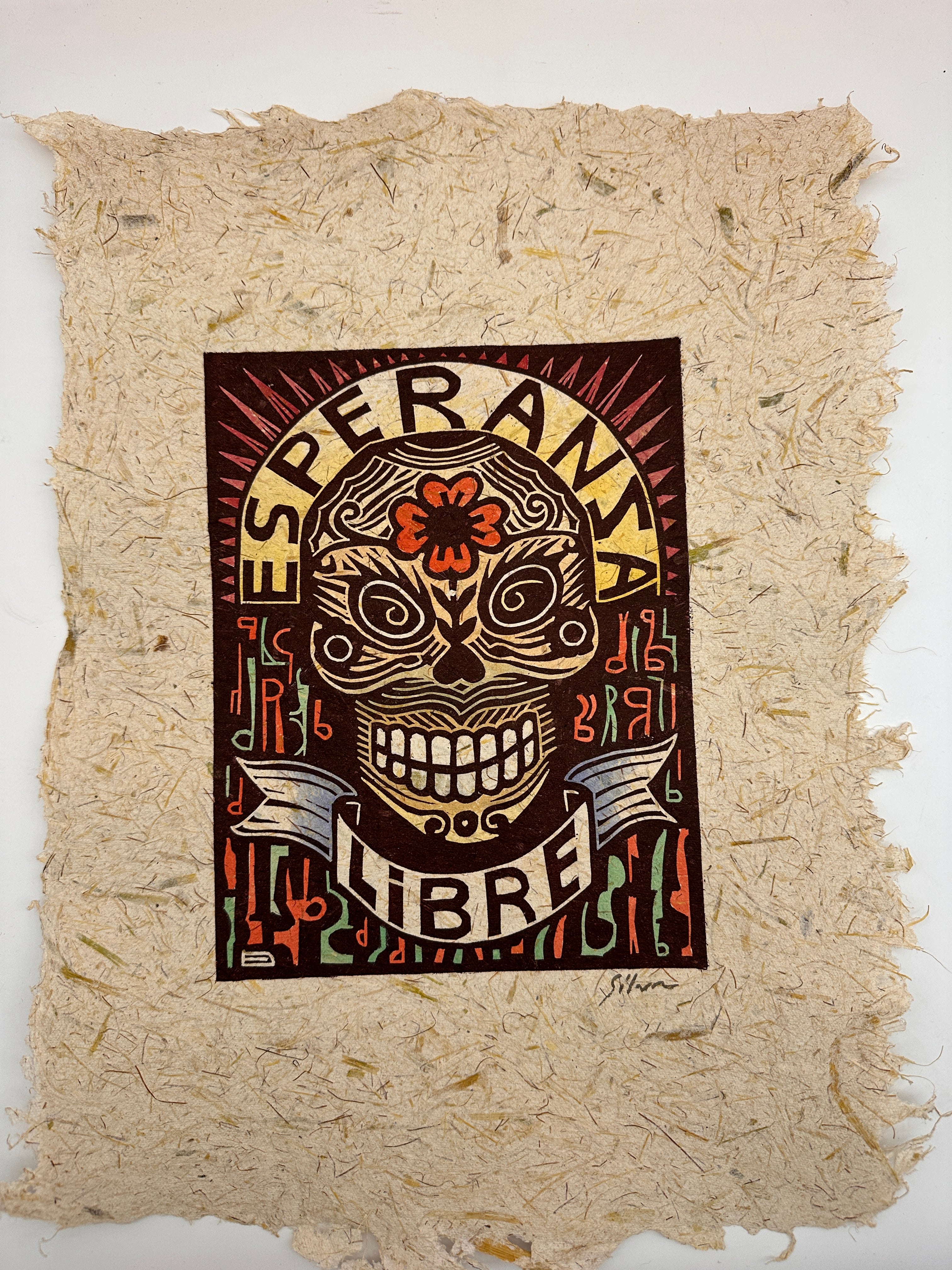 Lino Print ~ corn husk artisanal paper ~ Esperanza Libre