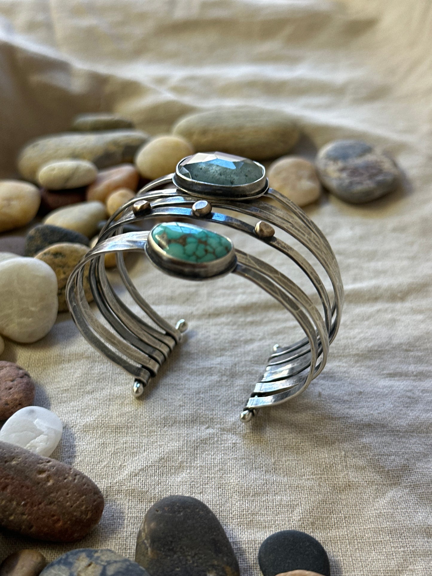 Stacked - Attached Bracelet -  Carico Lake Turquoise and Moss Aquamarine ~ Cuff with Movement