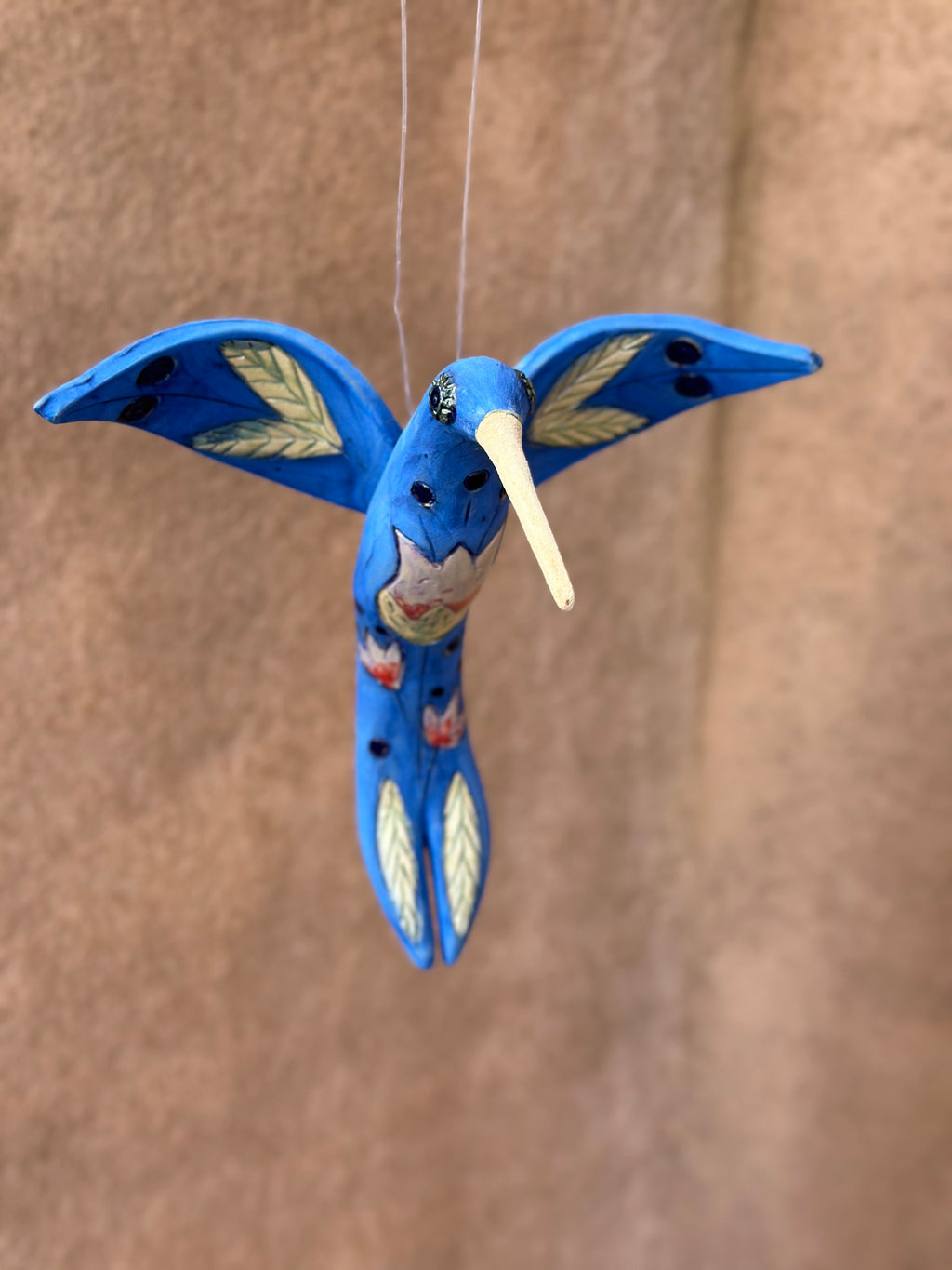 Medium Hanging Hummingbird with Tulip Design - Clay Sculpture