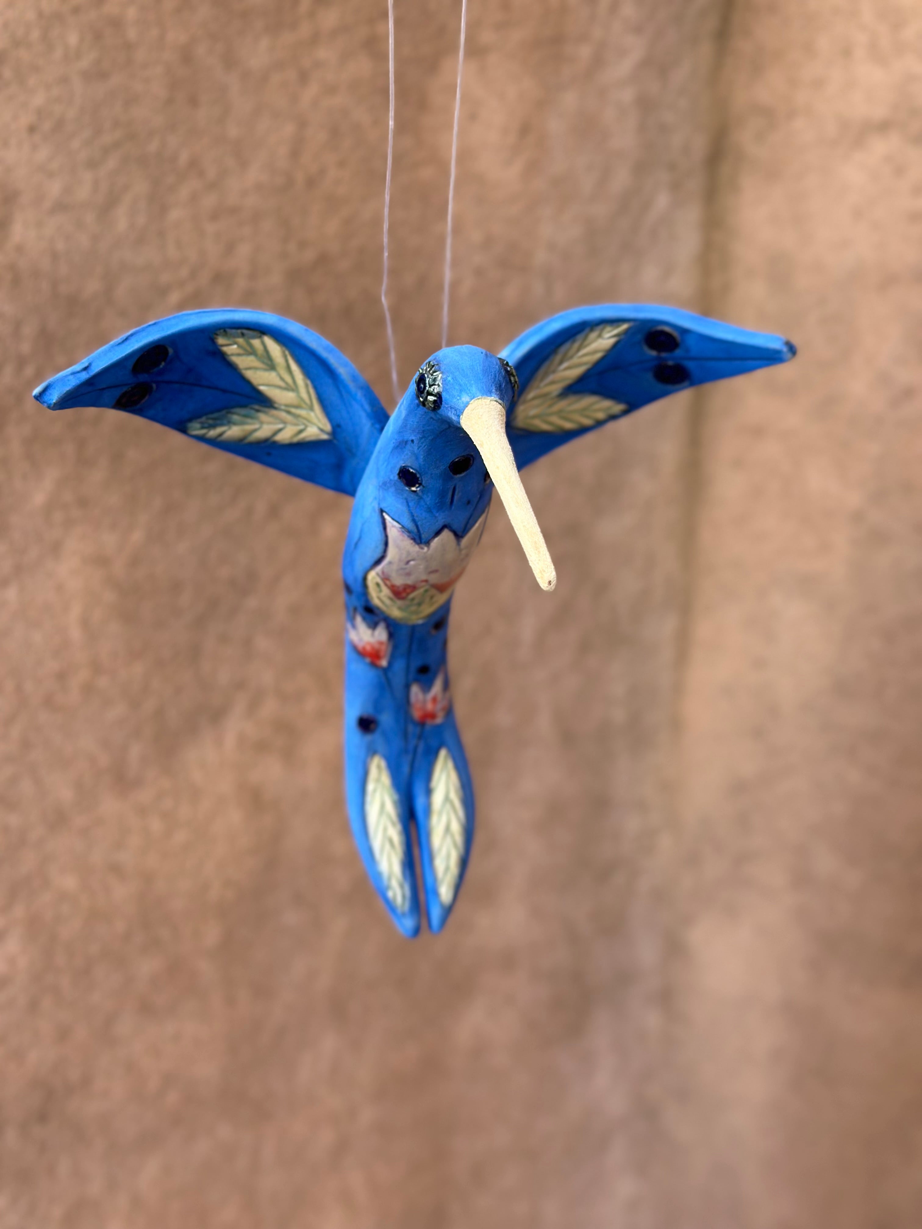 Medium Hanging Hummingbird with Tulip Design - Clay Sculpture