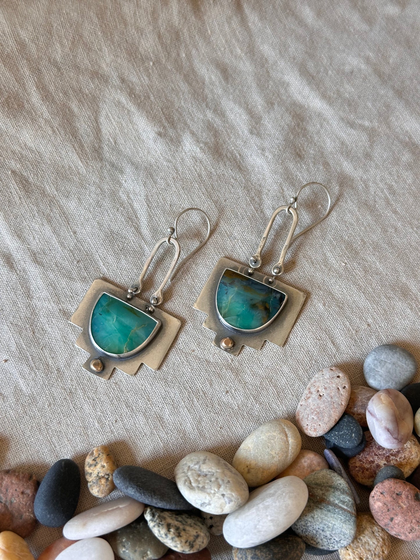 Fossil Opal Wood Shield Earrings - Sterling Silver