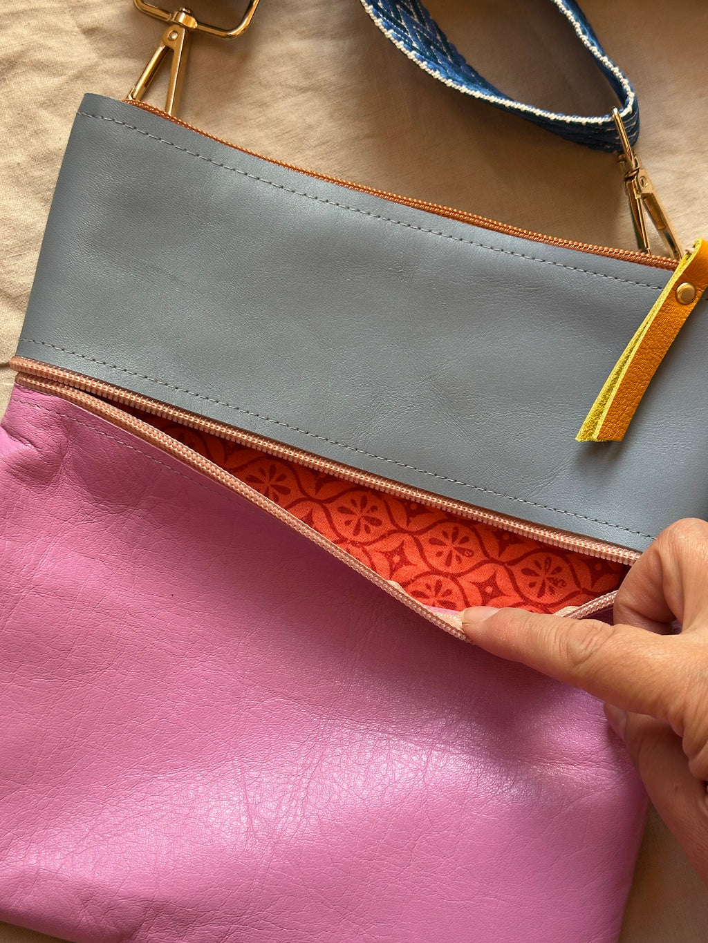 Crossbody Bag • Double Zip • Grey & Pink