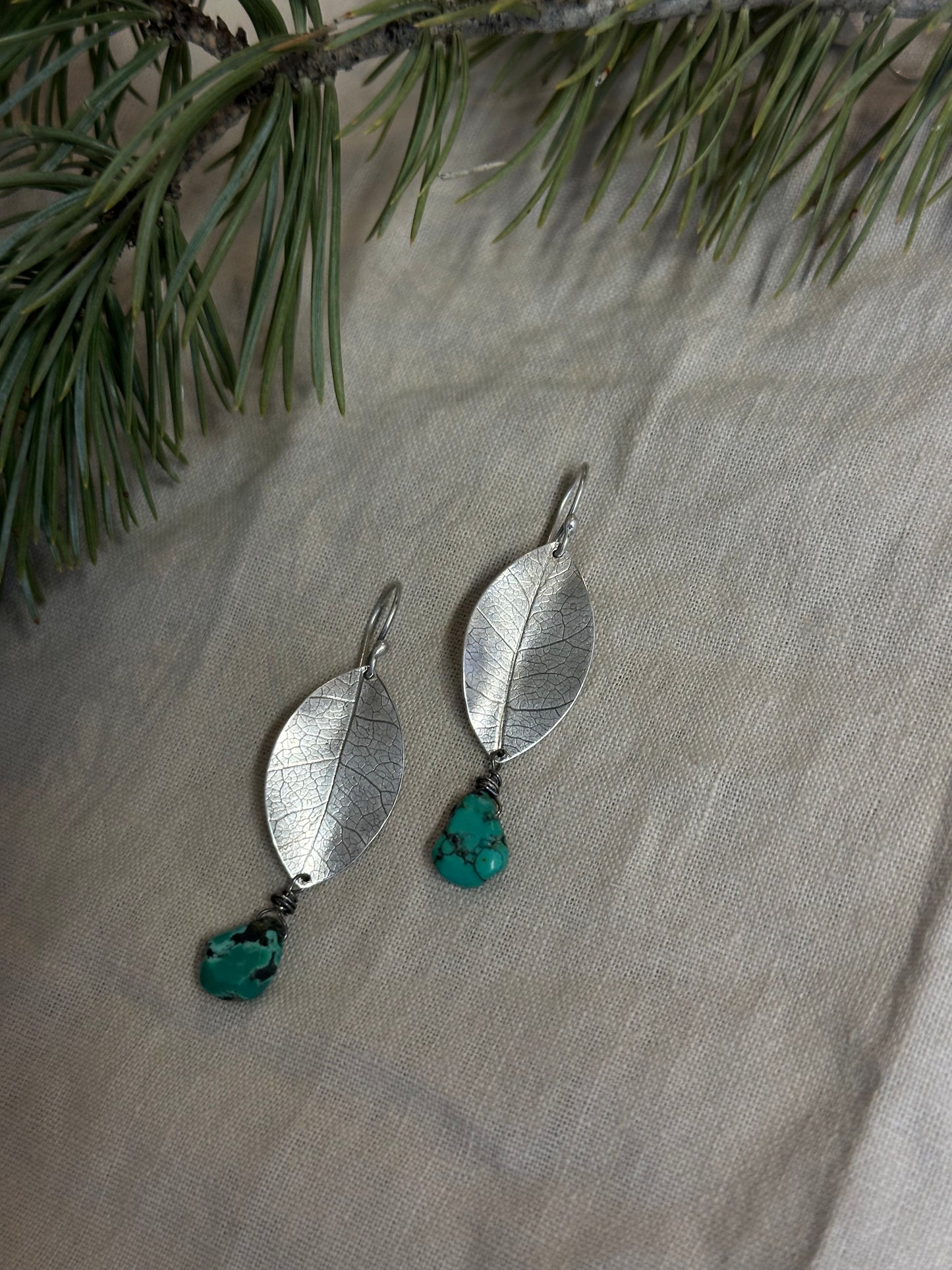 sterling silver leaf earrings  ~ turquoise and Sterling silver