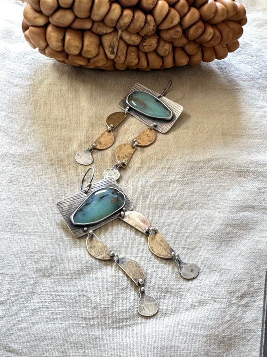 Peruvian Opal Dangle Earrings - Sterling Silver and Bronze