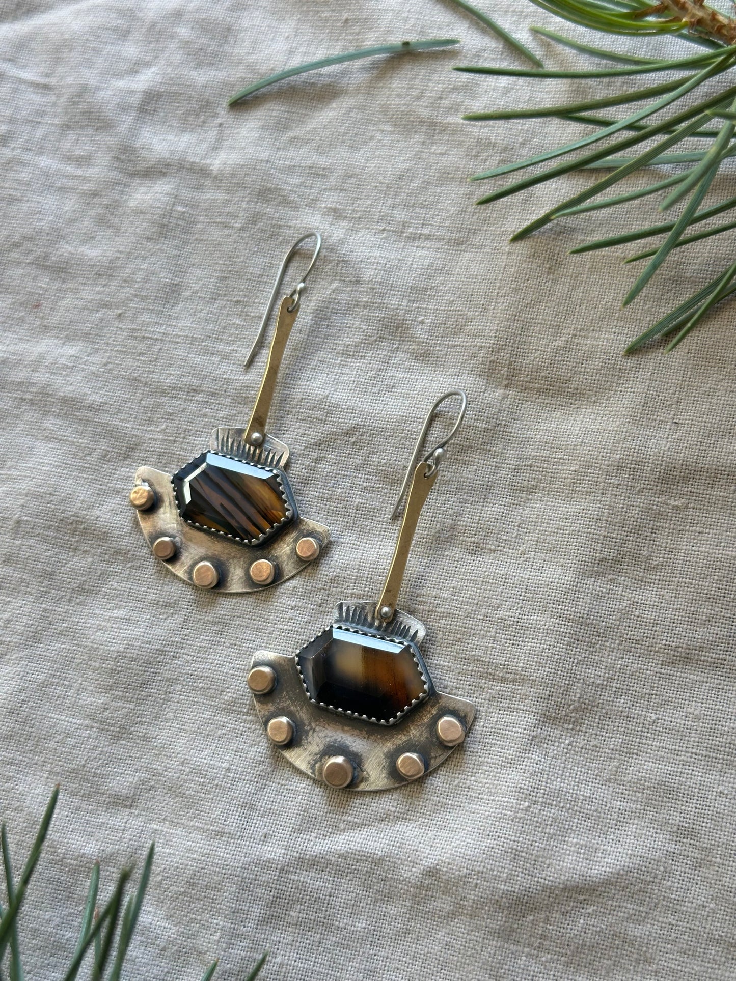 Montana Agate statement earrings - sterling silver and bronze