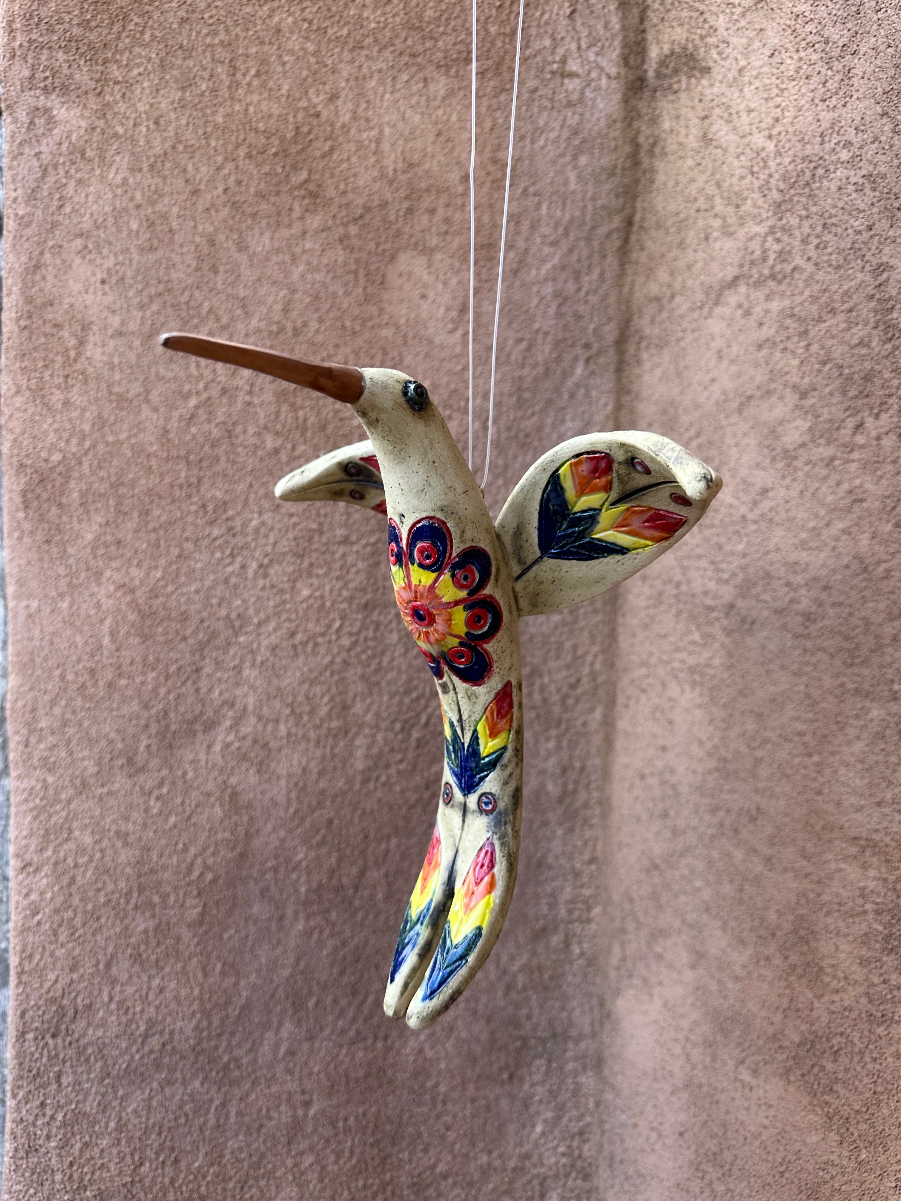 Medium Hanging Hummingbird with Flower Design - Clay Sculpture