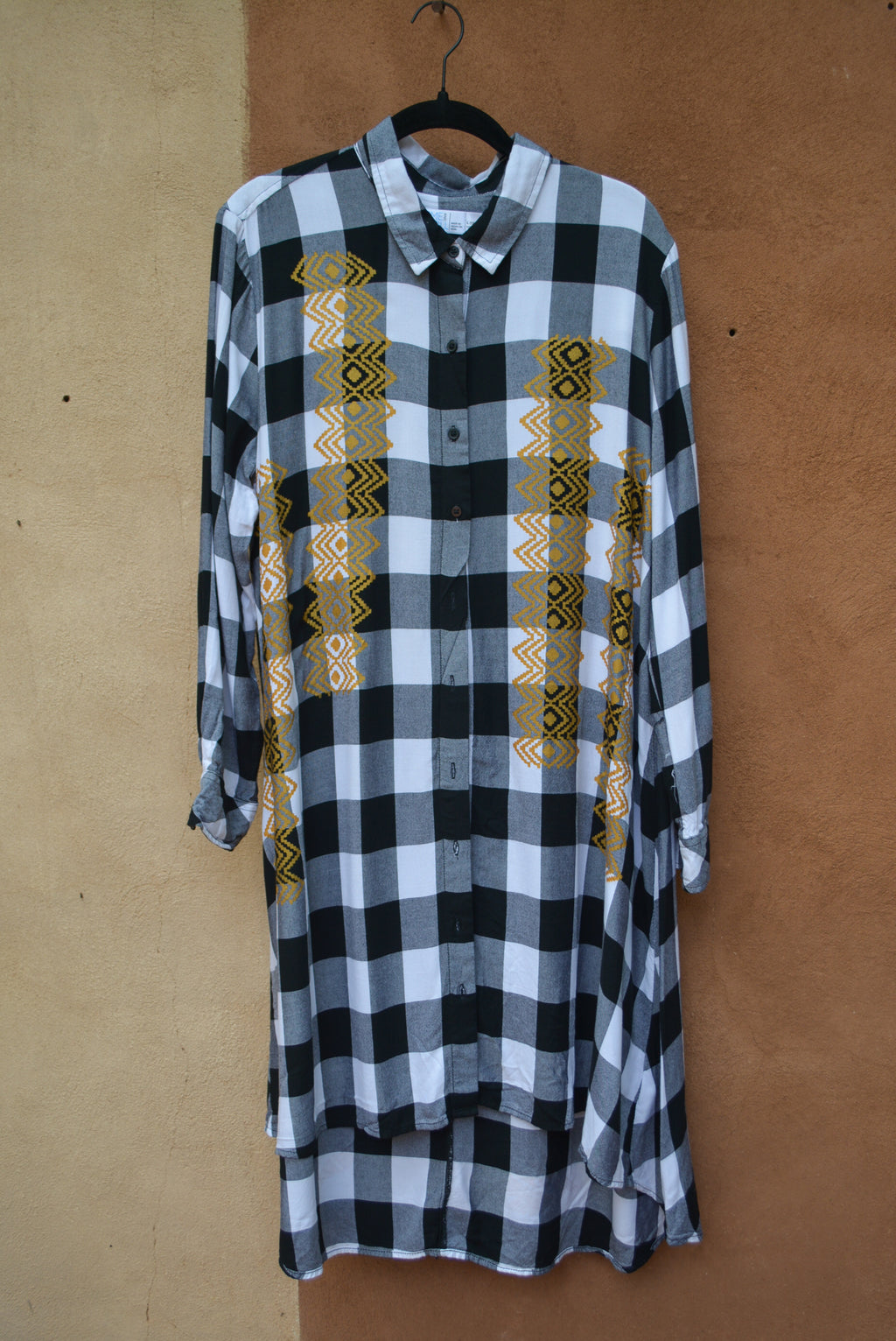 Upcycled ~ Flannel Shirt Dress ~ Screen printed
