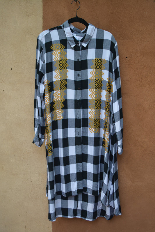 Upcycled ~ Flannel Shirt Dress ~ Screen printed