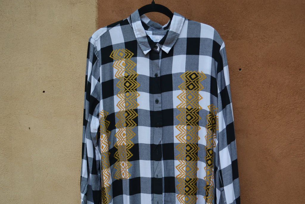 Upcycled ~ Flannel Shirt Dress ~ Screen printed