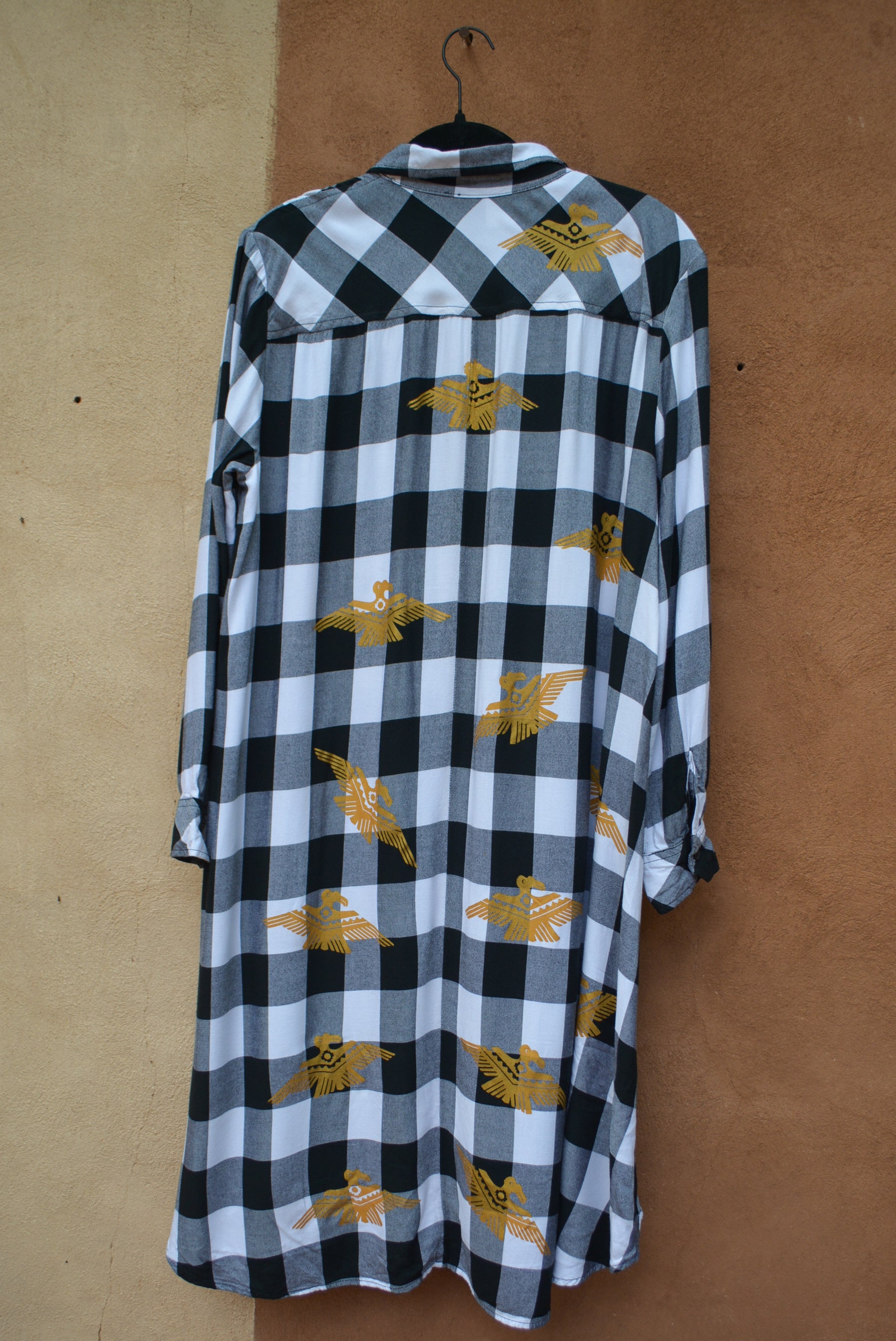 Upcycled ~ Flannel Shirt Dress ~ Screen printed