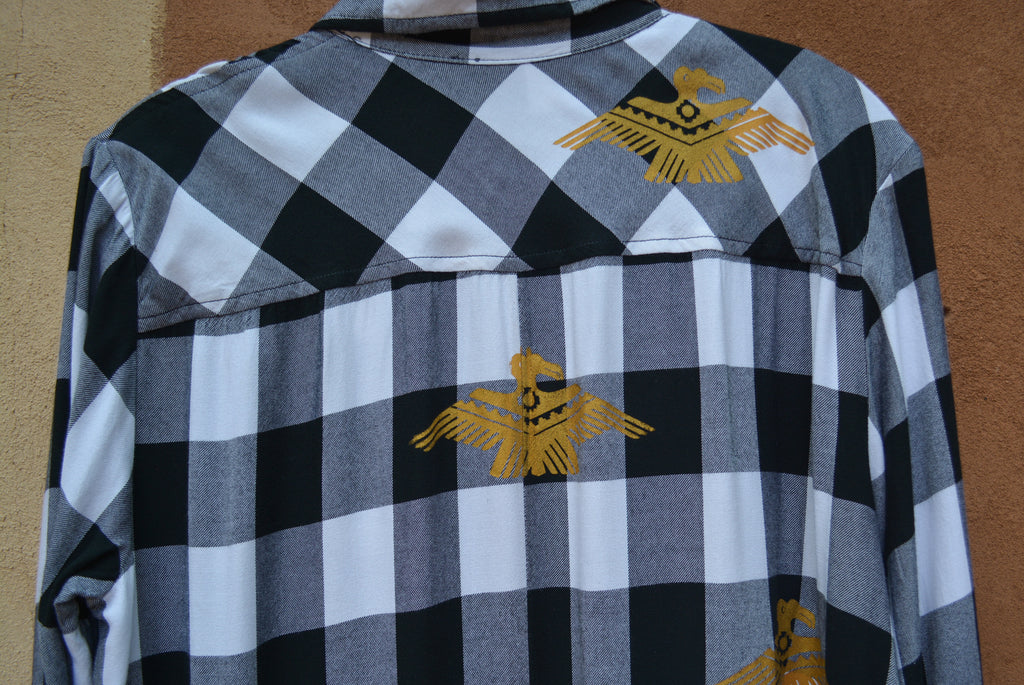 Upcycled ~ Flannel Shirt Dress ~ Screen printed