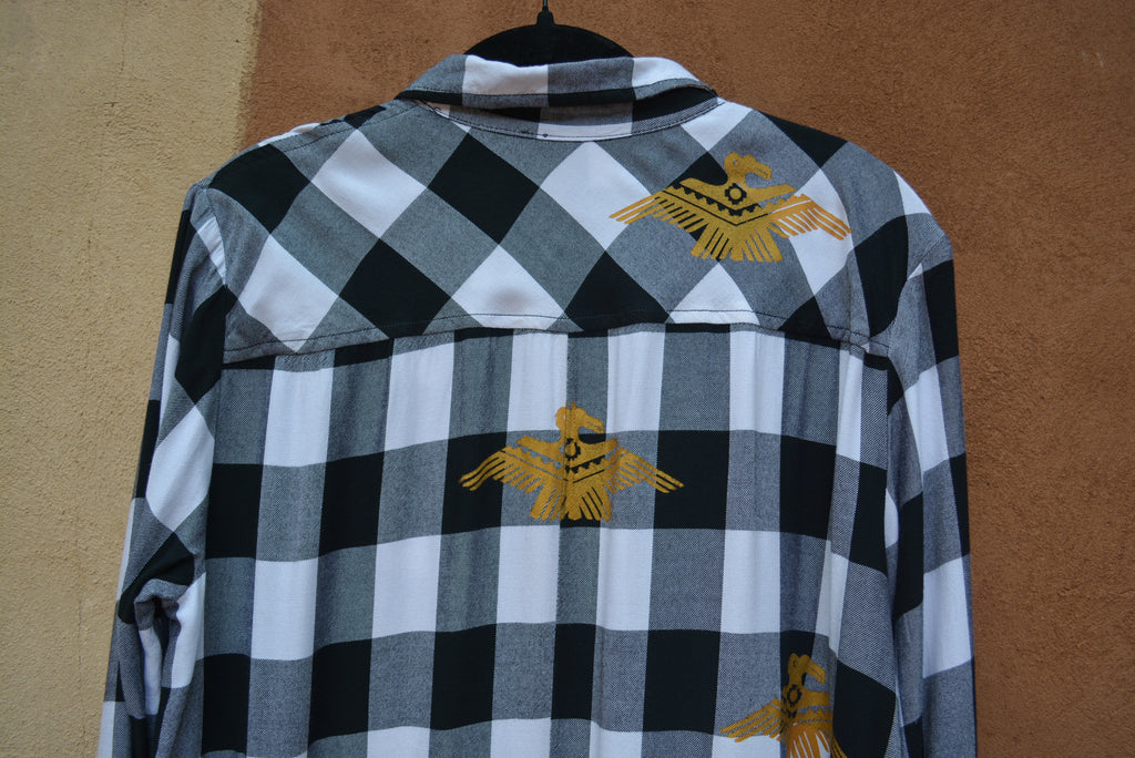 Upcycled ~ Flannel Shirt Dress ~ Screen printed