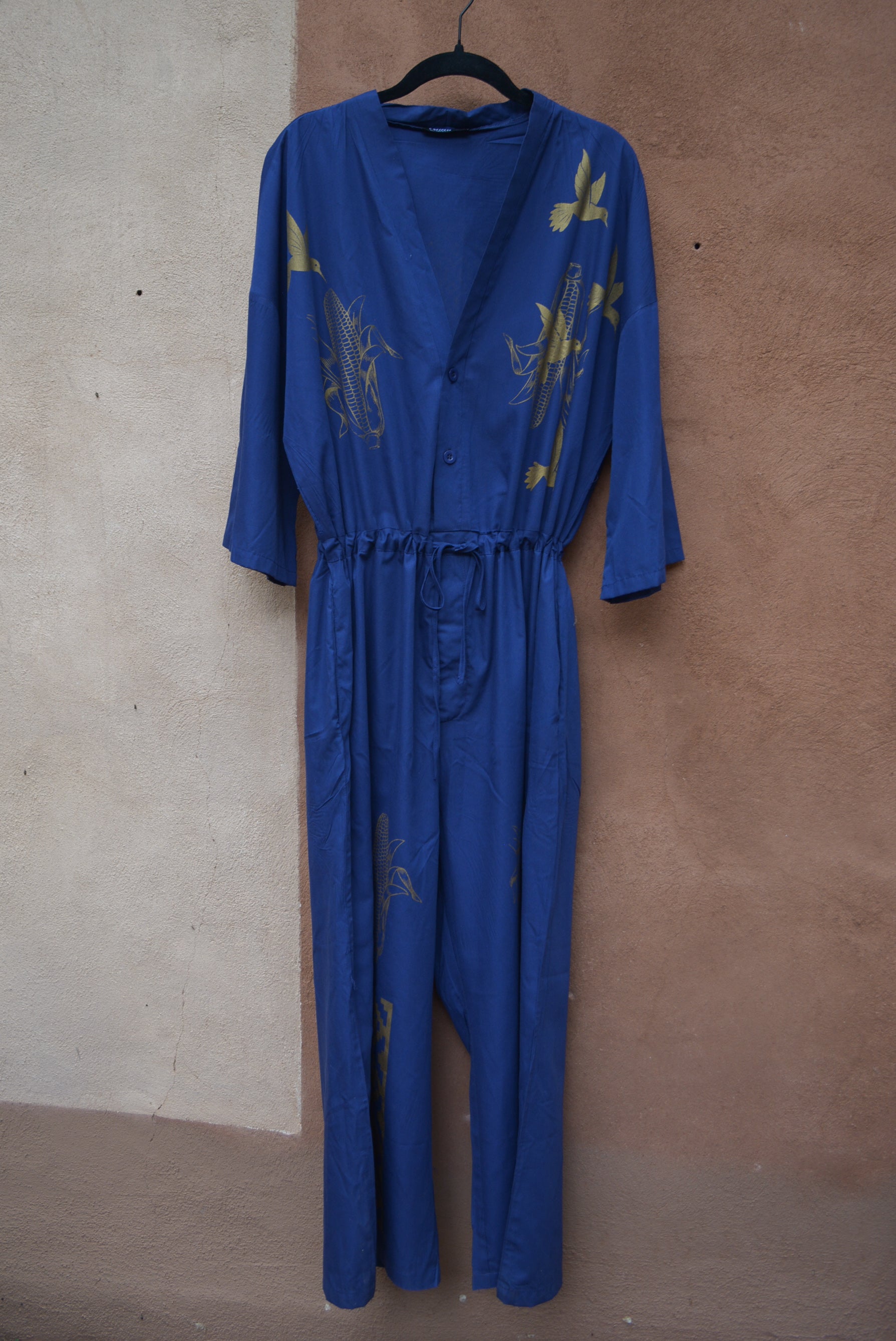 Upcycled Blue Jumpsuit - Screentprinted gold