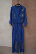 Upcycled Blue Jumpsuit - Screentprinted gold