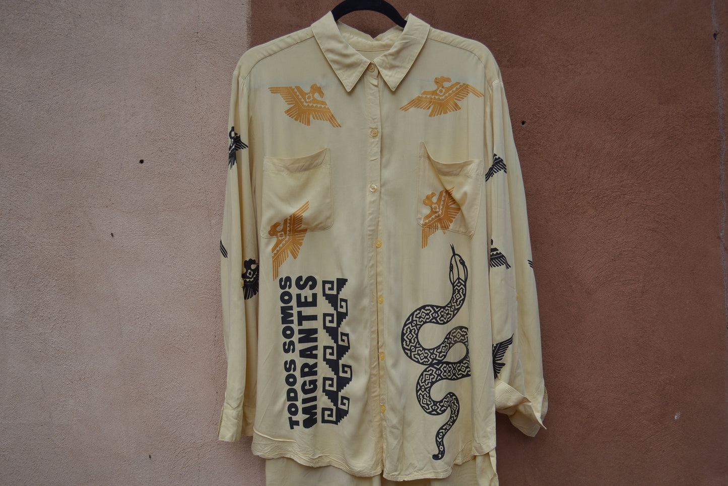 Upcycled ~ Yellow button up ~ screenprinted